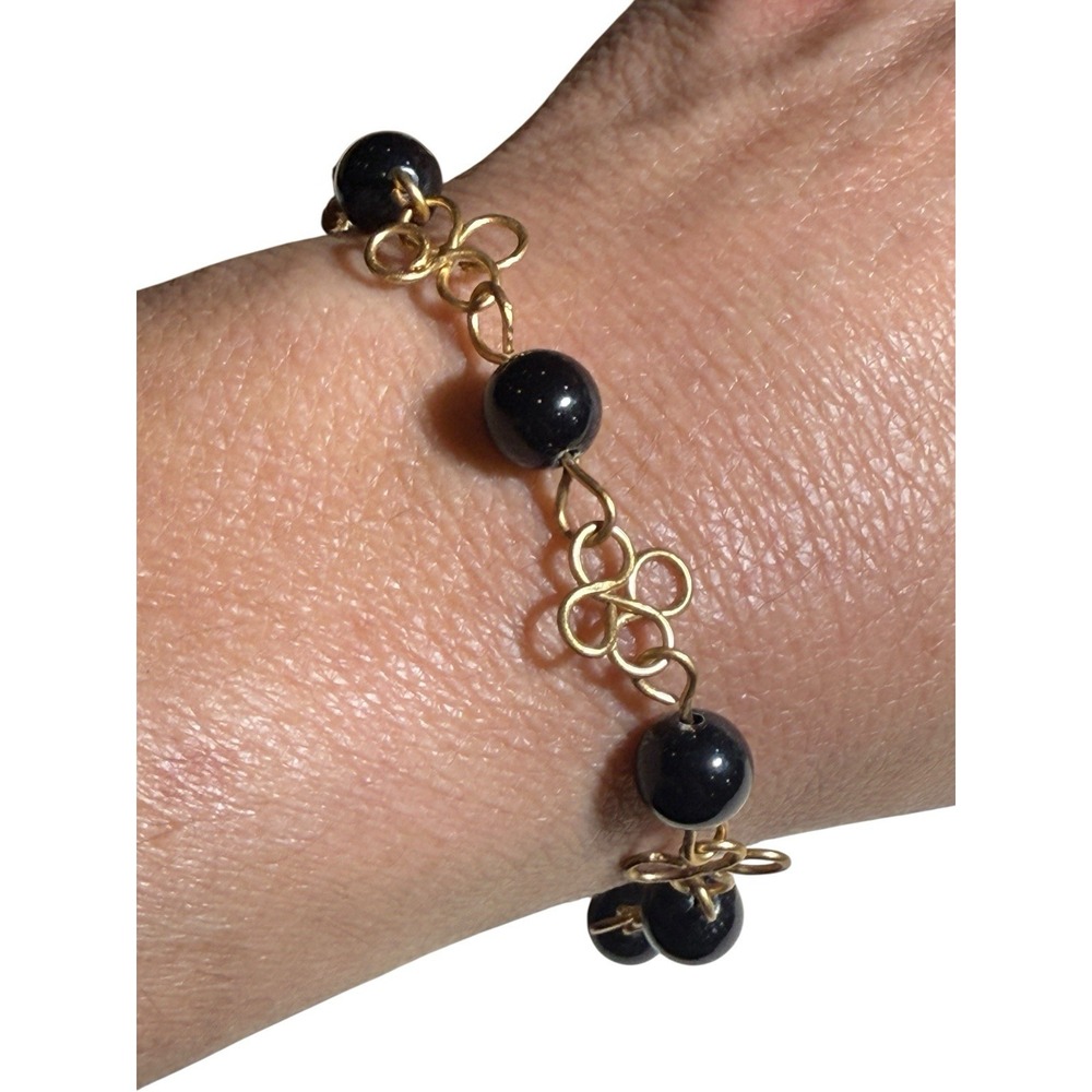 Vtg Gold Tone Wire Wrap Bracelet Black Bead Boho Y2K Minimalist Jewelry 8"